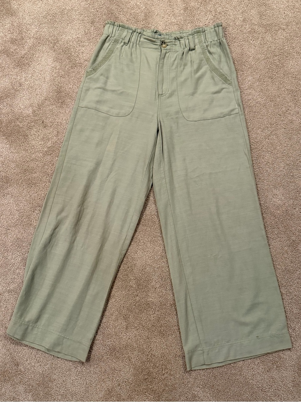 Democracy Sage Green High Rise Wide Leg Pants 12 Crochet Trim Pockets